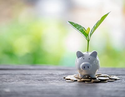 a piggy bank sitting on a pile of coins with a plant growing out of the top of it